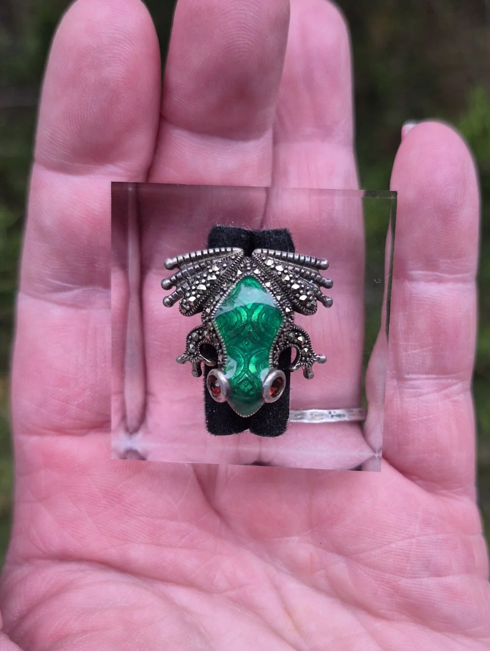 Vintage Sterling Silver 925 Guilloche Enamel Garnet Marcasite Frog Brooch Pin - Picture 8 of 10